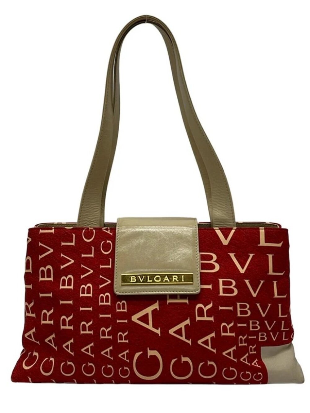 BVLGARI Red Beige Satin Leather Tote Bag